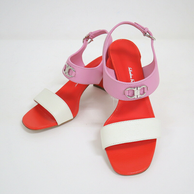 【中古】S.Ferragamo フェラガモ ガンチーニ ミュール CAYLA55 レザー ホワイト×ピンク×レッド #8.5 25cm