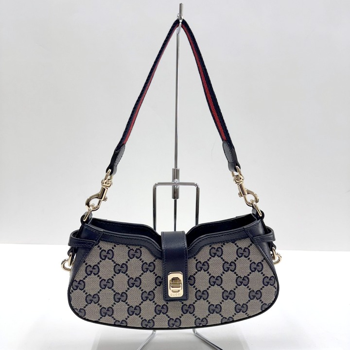 【中古】GUCCI グッチ ムーンサイドミニショルダーバッグ GGキャンバス×レザー×シェリーライン ネイビー 786015
