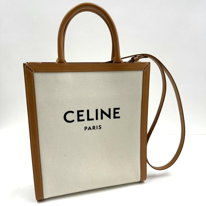 【中古】CELINE セリーヌ スモール・バーティカルカバ 2WAY御徒面子 帆布×なめし革 自然的×タン×ゴールド金具 192082BNZ02NT