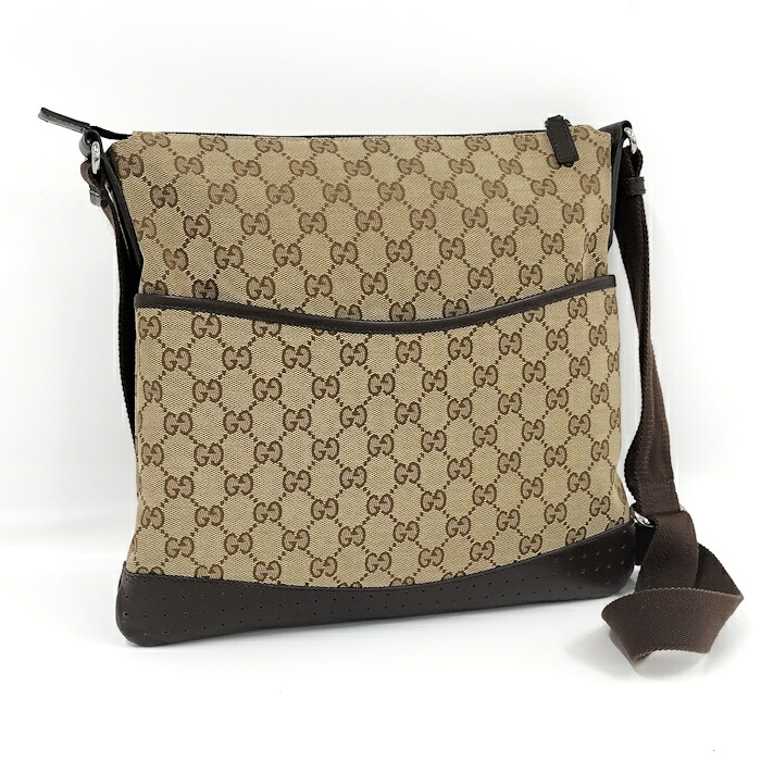 【中古】GUCCI ショルダーバッグ GG キャンバス レザー ベージュ ブラウン 145857