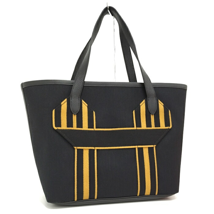 【中古】HERMES ピュールサングル トートバッグ キャンバス レザー ブラック W刻印