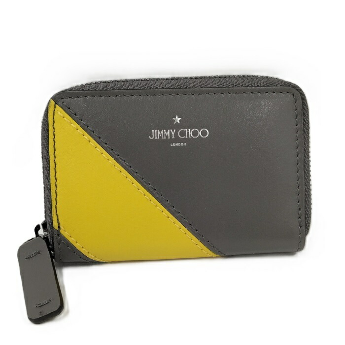 【中古】JIMMY CHOO コインケース ジップアラウンド レザー グレー イエロー