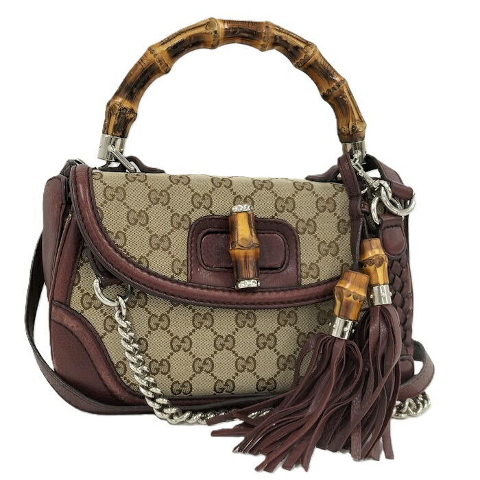 【中古】GUCCI 2WAYショルダーバッグ バンブー GGキャンバス レザー ベージュ ブラウン 240242