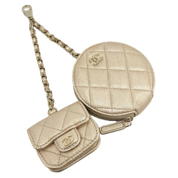 【中古】CHANELL マトラッセ コインケース\u0026エアポッズケース ノベルティ ゴールド なめし革