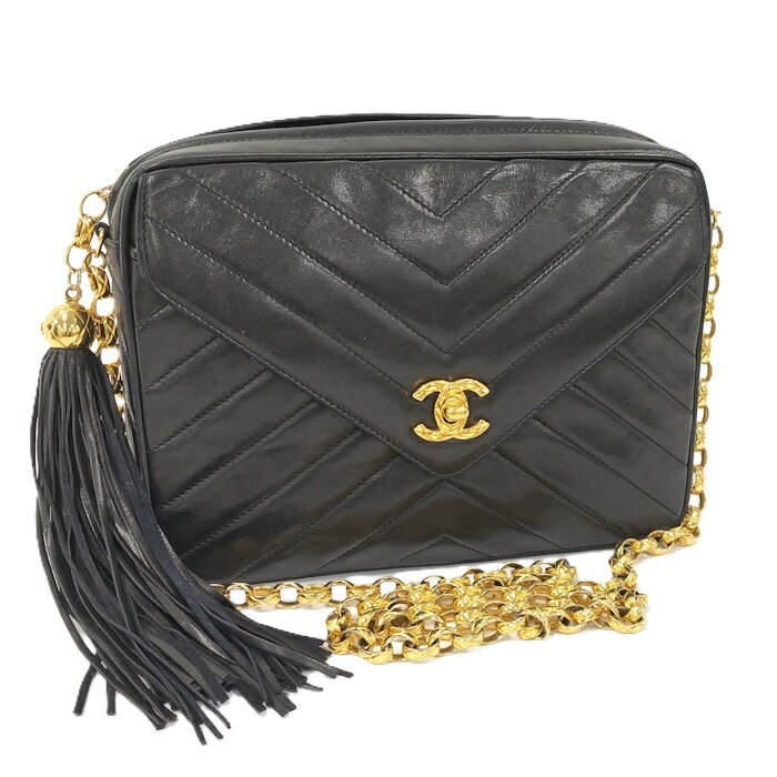【中古】CHANEL チェーンショルダーバッグ Vステッチ シェブロン フリンジ タッセル ラムスキン ブラック