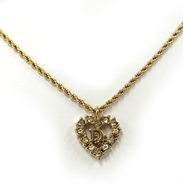 【中古】Christian Dior ヴィンテージ ハート ネックレス ゴールド メタル ロゴ ラインストーン