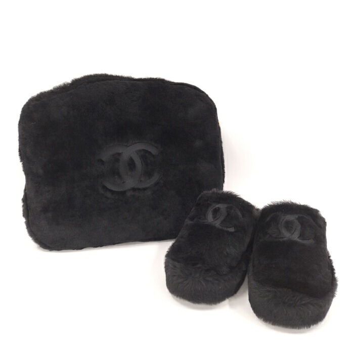 【中古】CHANEL 毛革家庭用スリッパ 黒いこと G45984