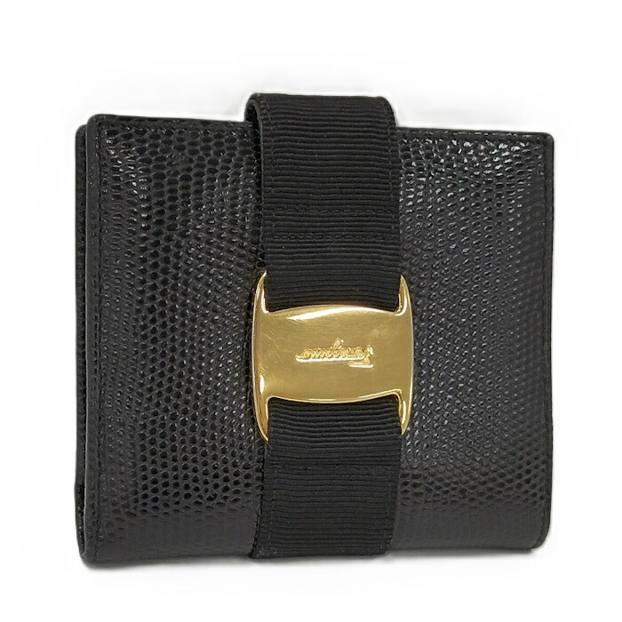 【中古】Salvatore Ferragamo 二つ折り財布 ヴァラ パイソン レザー ブラック