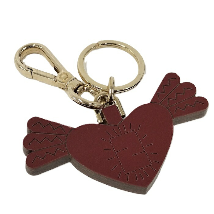 【中古】FENDI キーホルダー ハート形 羽 楽想 材木 メッキ ゴールド金具 赤いこと系 財布・ケース-キーホルダー・キーケース