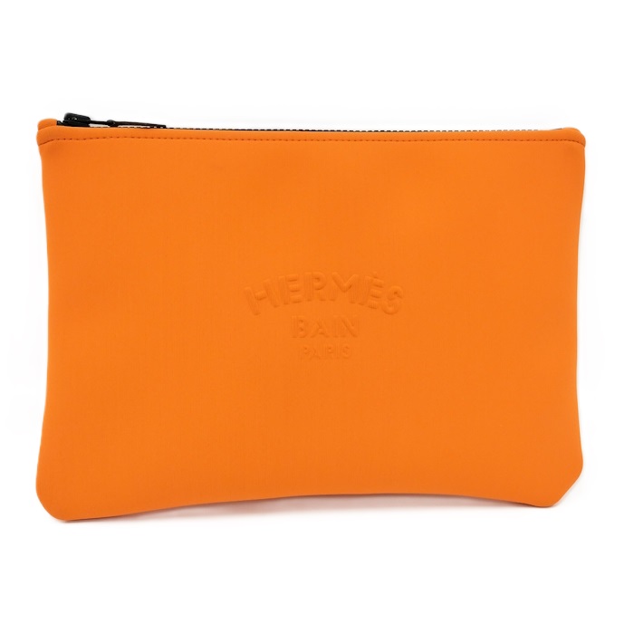 【中古】HERMES ポーチ ネオバン トゥルースフラットMM オレンジ ポリウレタン
