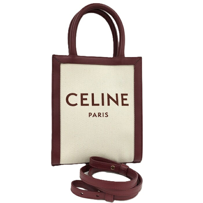 【中古】CELINE ミニバーティカルカバ 2WAYハンドバック 帆布 なめし革 象牙色 ボルドーワイン 193302