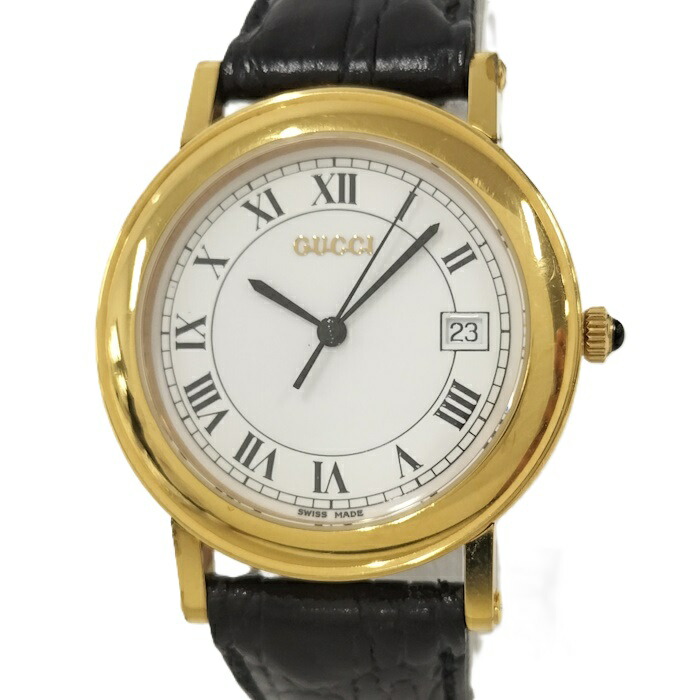 【中古】GUCCI メンズウオッチ GP 石英 白いこと文字記号盤 なめし革胴締め 黒いこと 7200M