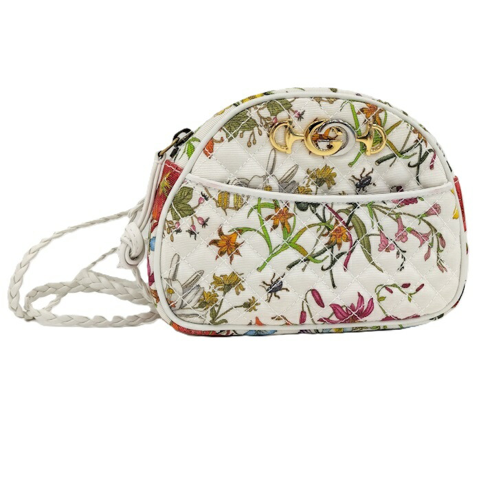 【中古】GUCCI フローラ ミニショルダーバッグ ホースビット キャンバス レザー ホワイト マルチカラー 534951