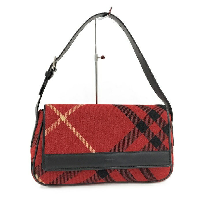 【中古】BURBERRY ワンショルダーバッグ レザー ウール レッド ブラック|JJcollection