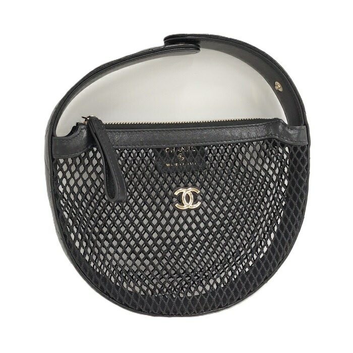 【中古】CHANEL ココマーク ポーチ メッシュ レザー ブラック