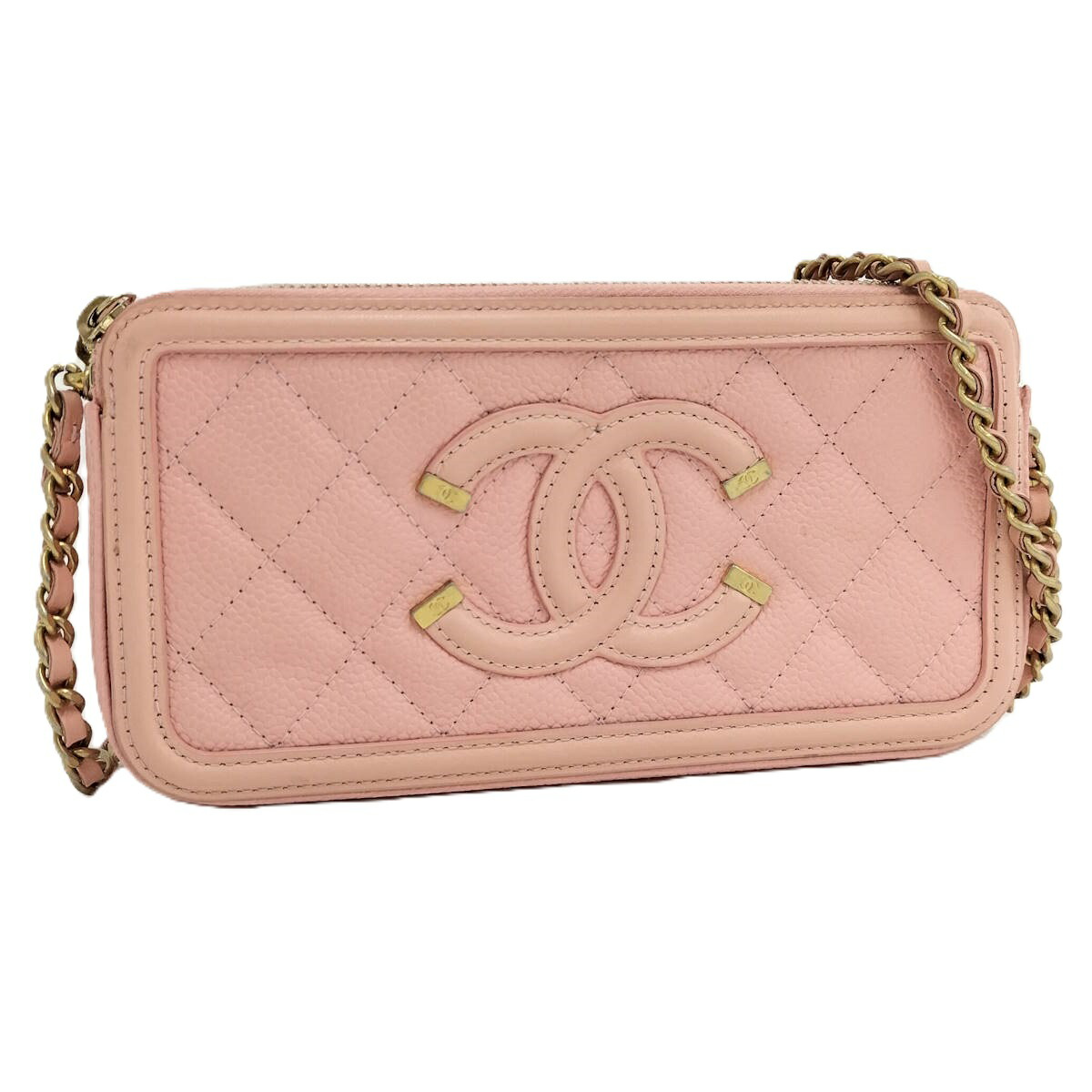 【中古】CHANEL チェーンウォレット CCフィリグリー ココマーク レザー ピンク A84450