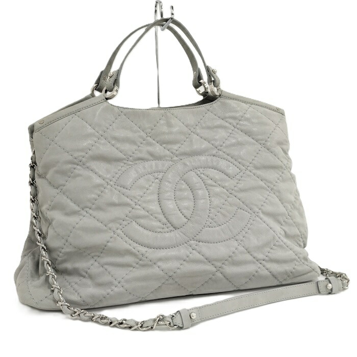 【中古】CHANEL 2WAYショルダーバッグ ココマーク マトラッセ レザー ライトグレー