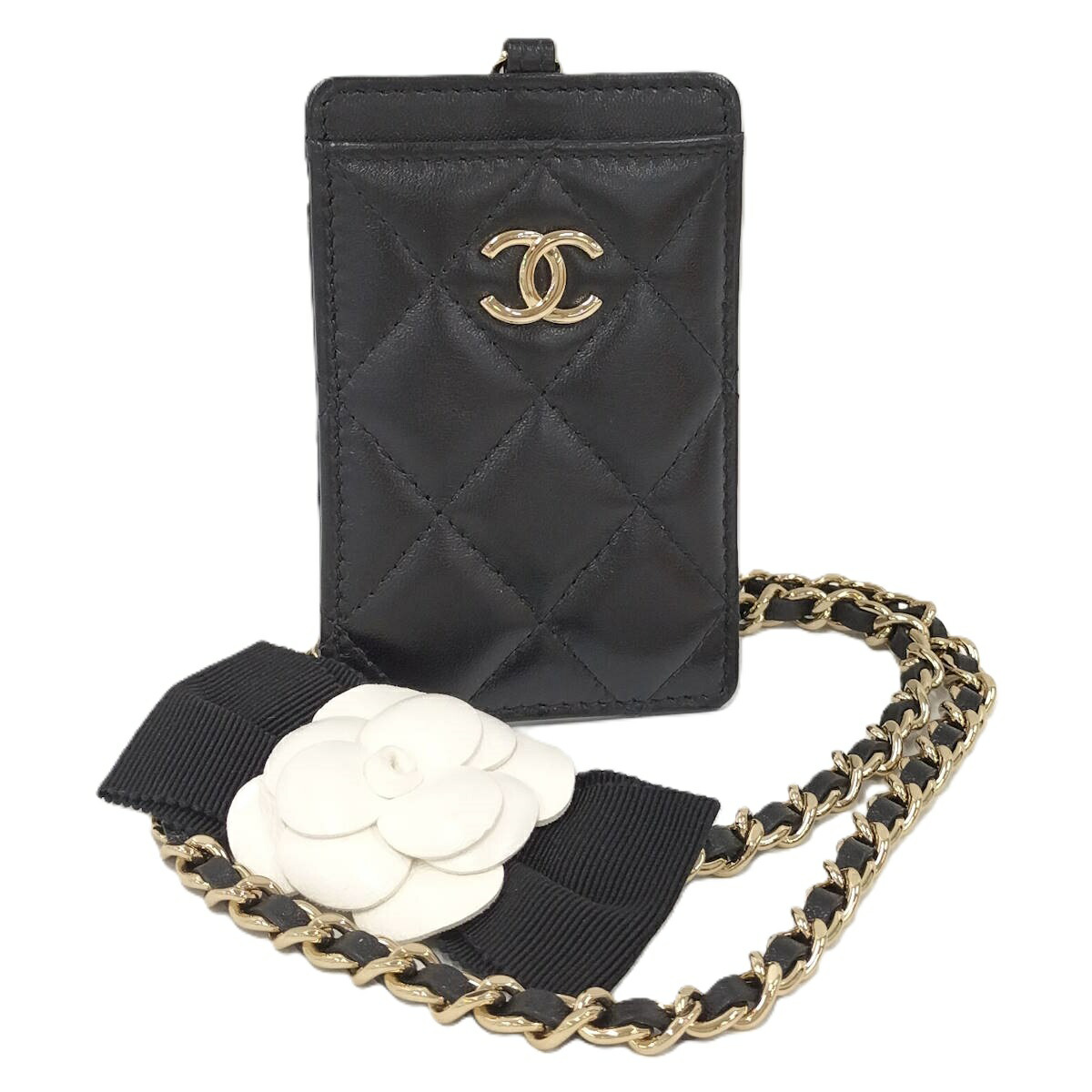【中古】CHANEL チェーンショルダー カードホルダー マトラッセ ラムスキン ブラック