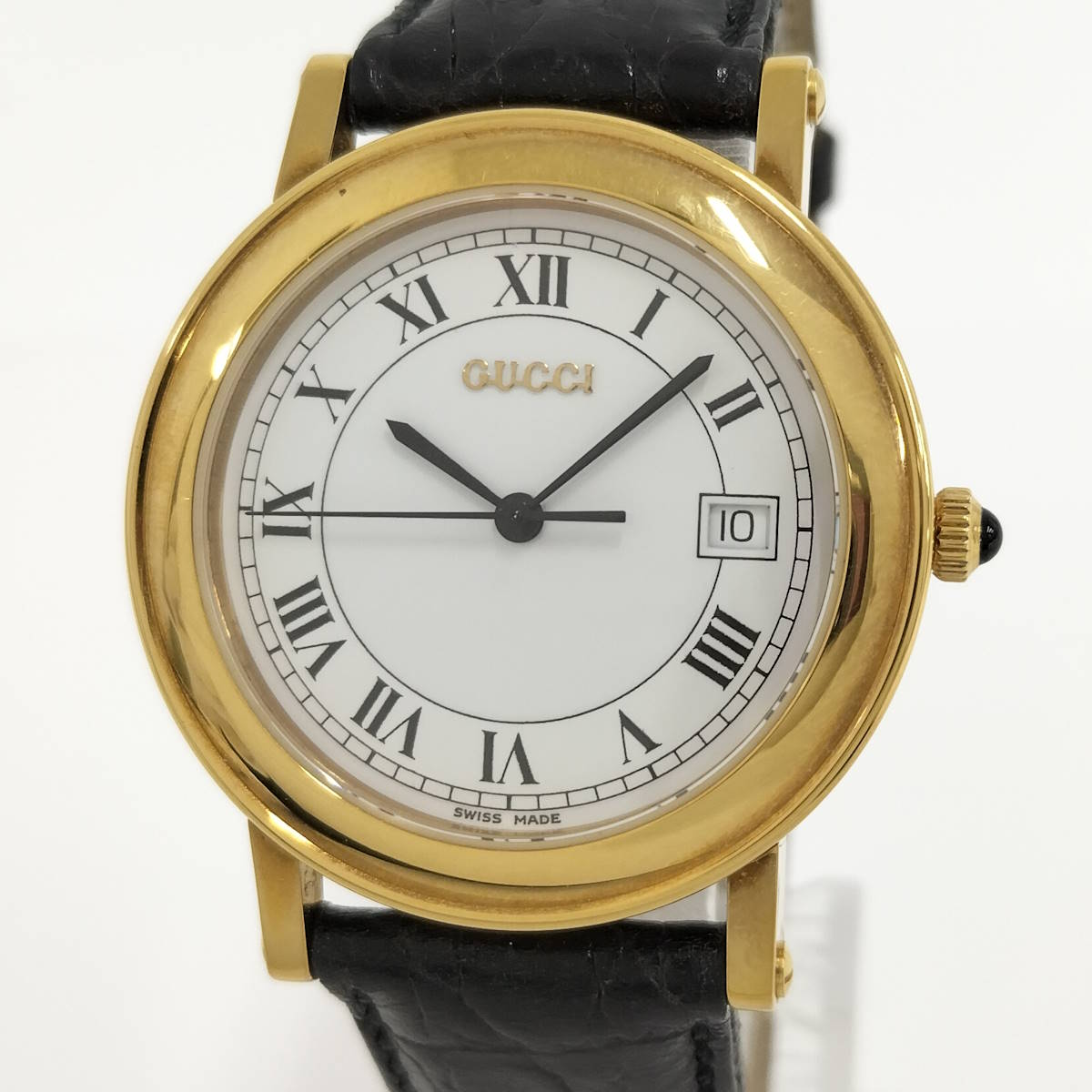 【中古】GUCCI メンズ 腕時計 SS GP クオーツ ホワイト文字盤 レザーベルト ブラック 7200M
