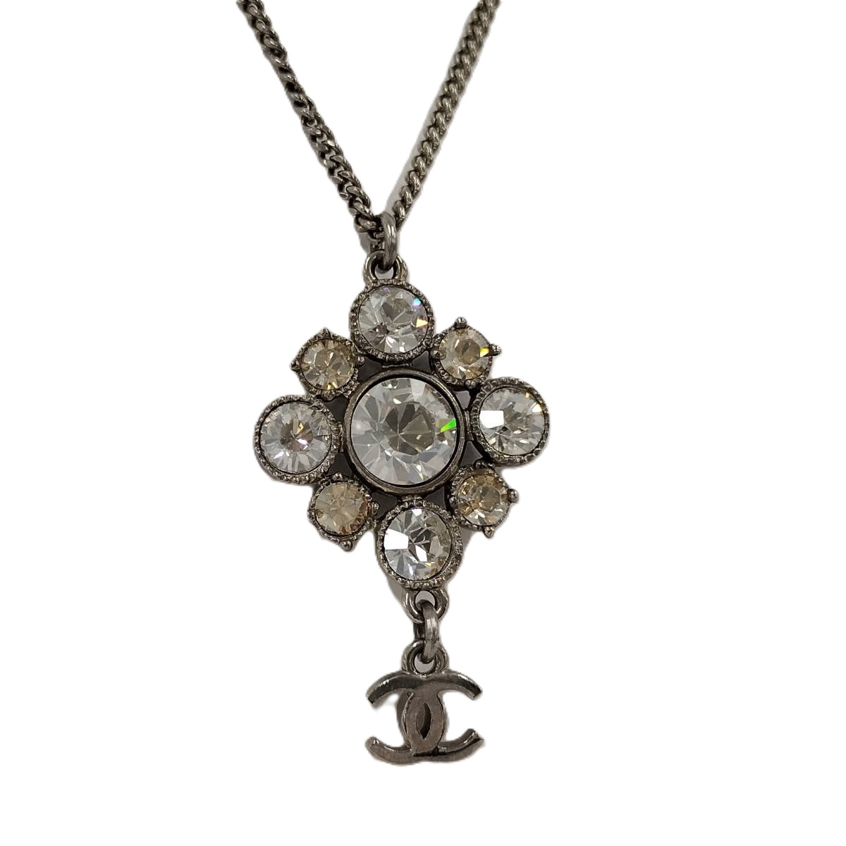 【中古】CHANEL ネックレス ココマーク ラインストーン メッキ シルバー 09V