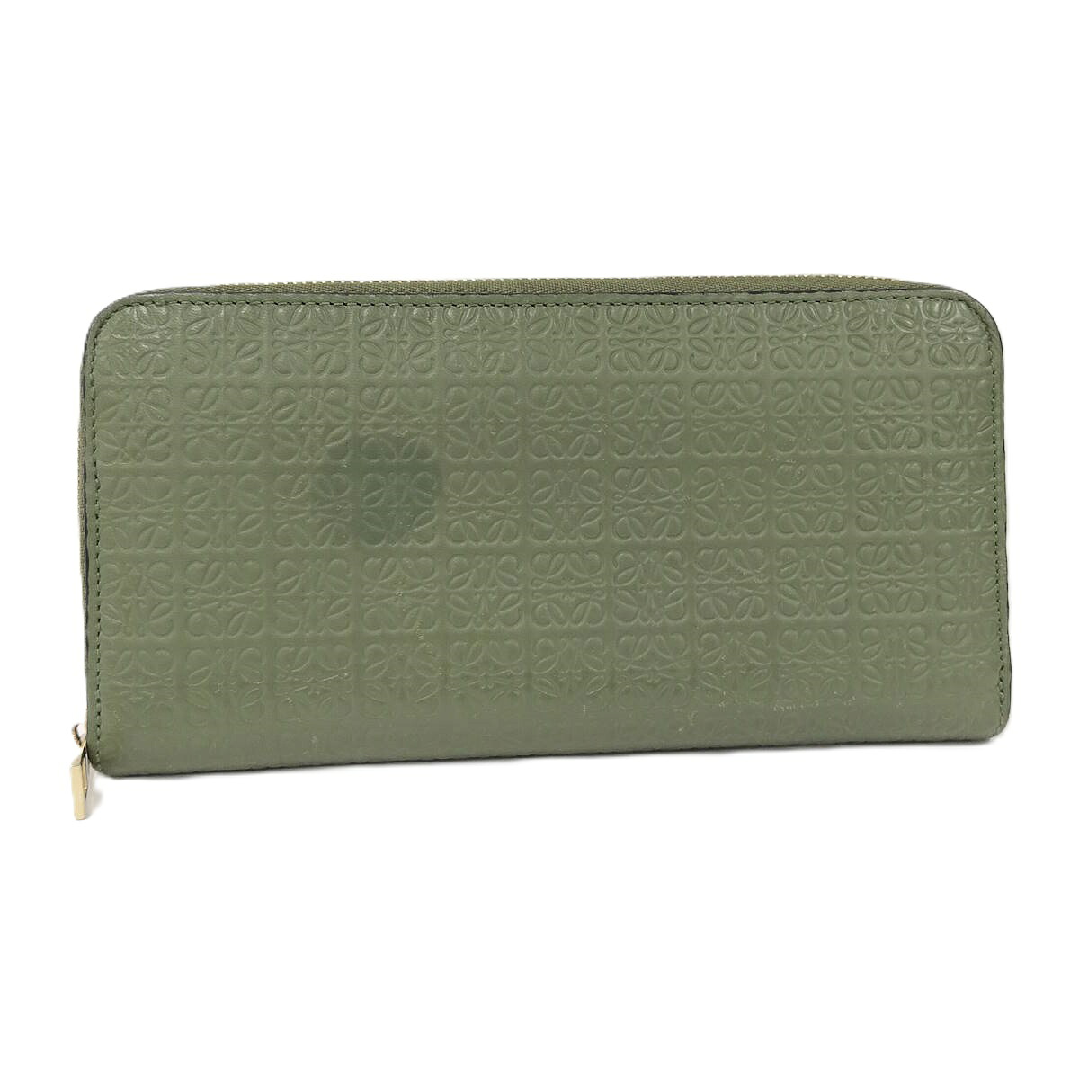 【中古】LOEWE リピート アナグラム ラウンドファスナー長財布 レザー グリーン C499T12