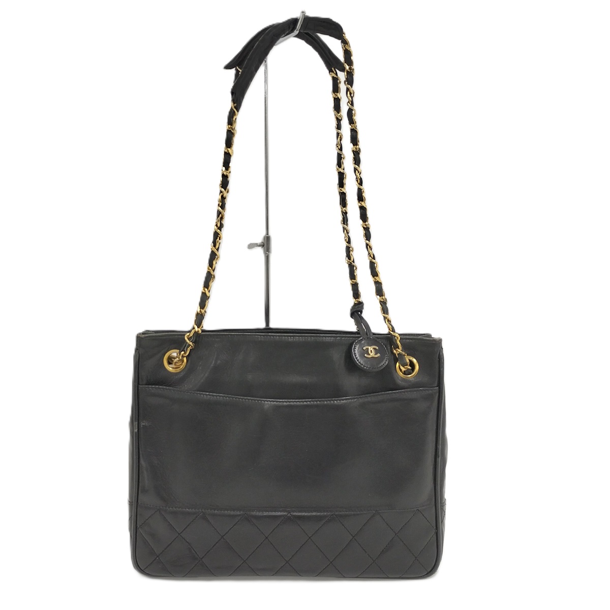 【中古】CHANEL チェーントートバッグ マトラッセ ココマーク レザー ブラック