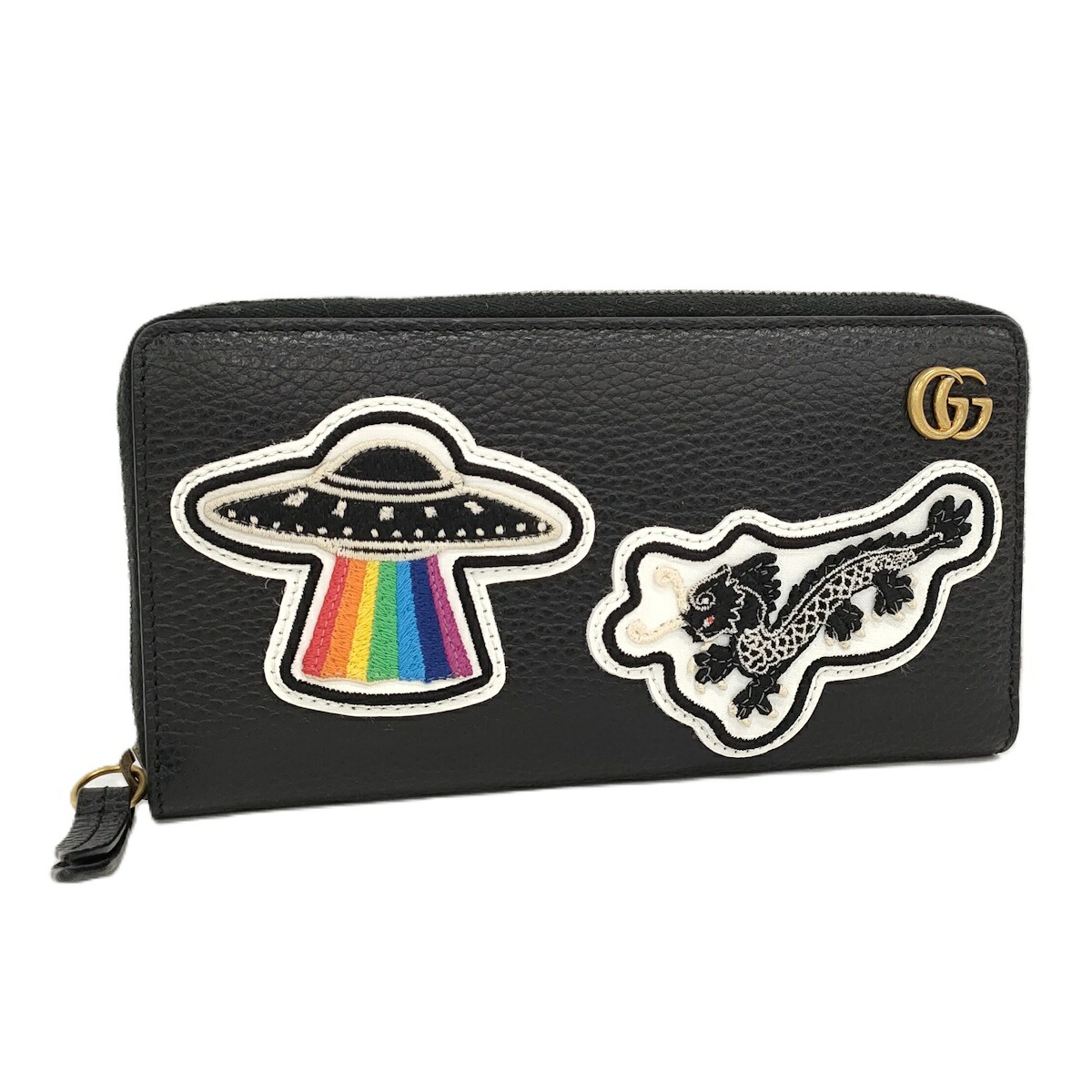 【中古】GUCCI ラウンドジッパー長紙入れ GGマーモント UFO なめし革 黒いこと 474584