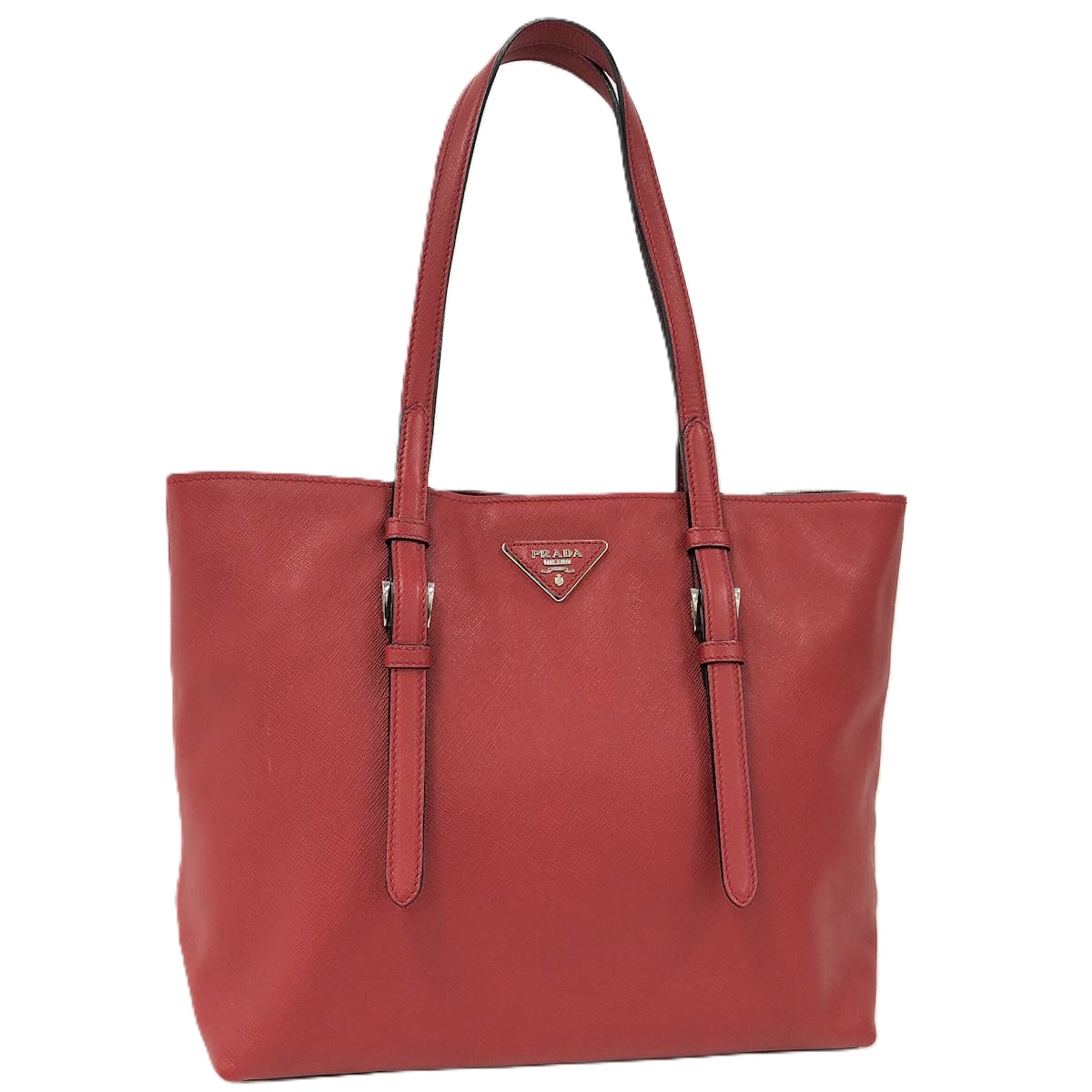 【中古】PRADA トートバッグ ロゴタイプ 一皿 なめし革 赤いこと バッグ・小物・ブランド雑貨-バッグ
