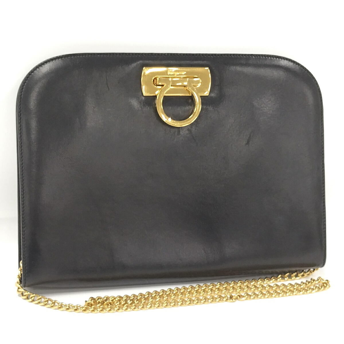 【中古】Salvatore Ferragamo チェーン店ショルダーバッグ ガンチーニ なめし革 黒いこと 210587