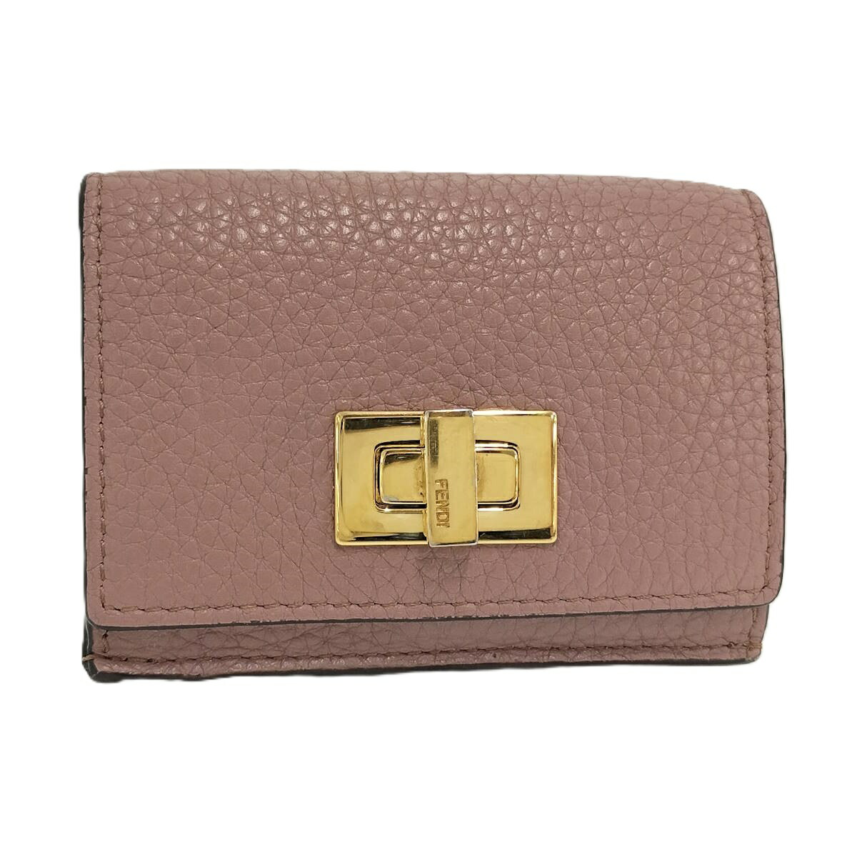 【中古】FENDI 三つ折りコンパクト財布 レザー くすみピンク