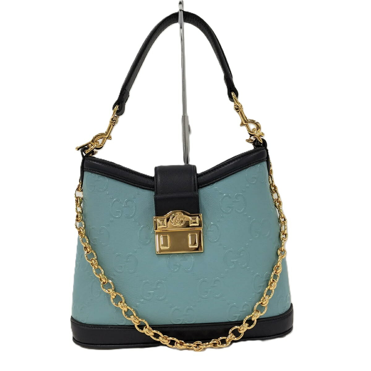 【中古】GUCCI 2WAYチェーン店ショルダーバッグ GGアイコン エン主任者 なめし革 青碧系 675788