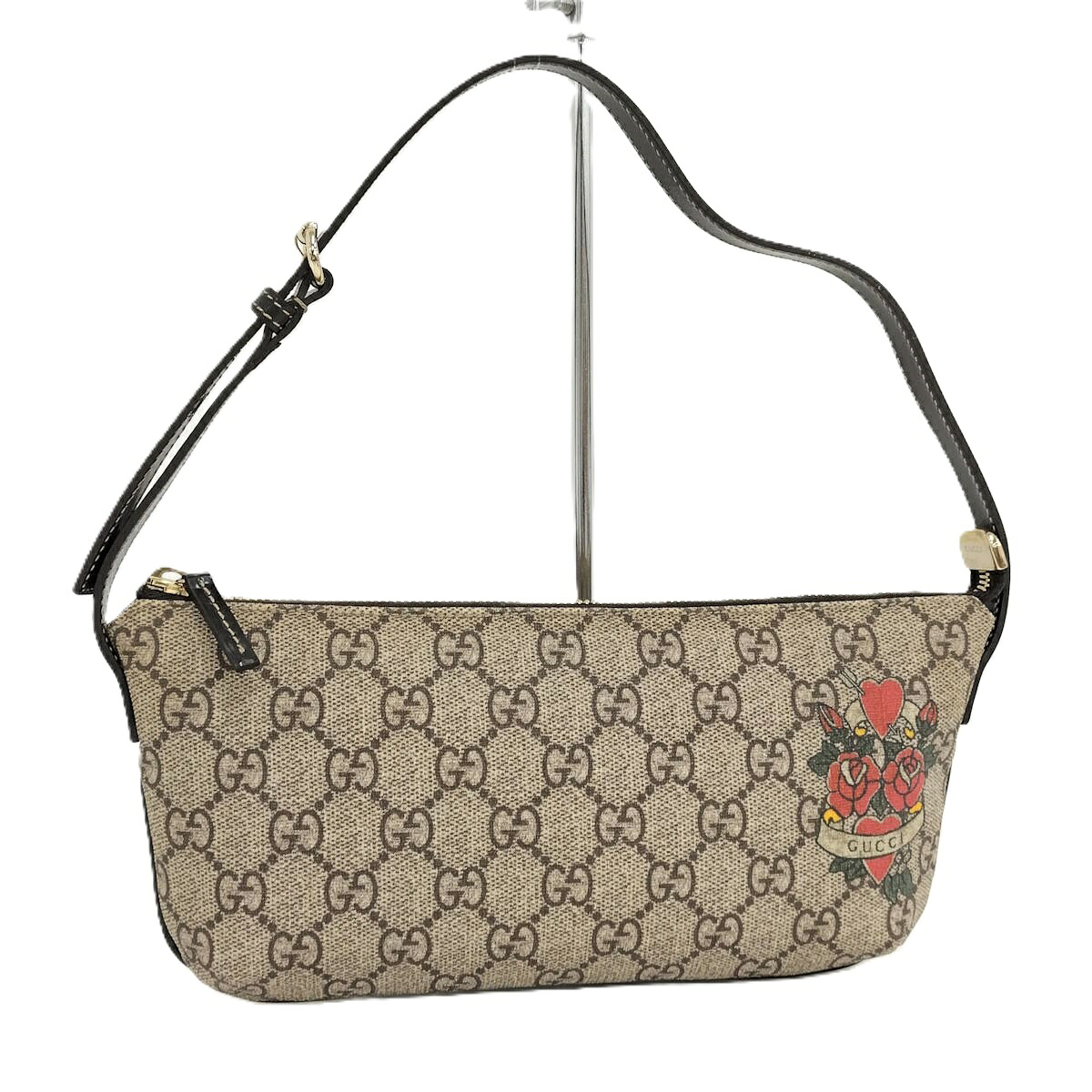 【中古】GUCCI 付属物合切袋 タトゥーハート GGスプリーム PVC なめし革 ベージュ 赤銅色 赤いこと系 211859