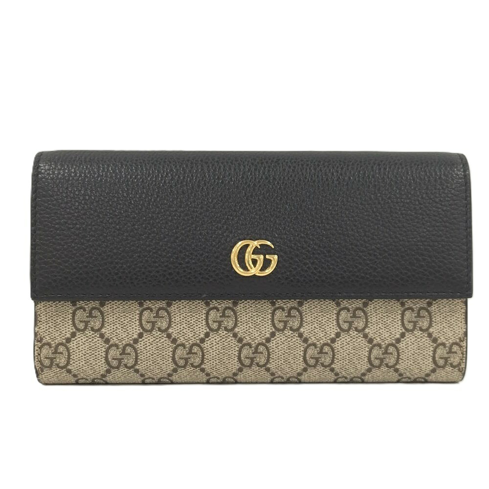 【中古】GUCCI 二つ折り長紙入れ GGスプリーム バイカラーコンチネンタル ウォレット 黒いこと ベージュ系 456116