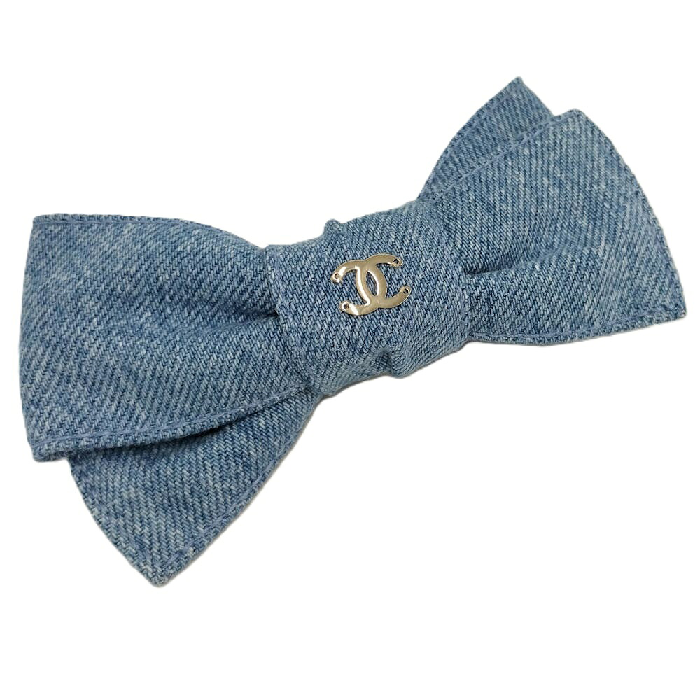 【中古】CHANEL リボン バレッタ デニム ブルー 26C