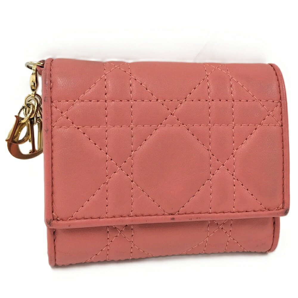 【中古】Christian Dior 三つ折り財布 レディーディオール ロータスウォレット レザー ピンク コーラル