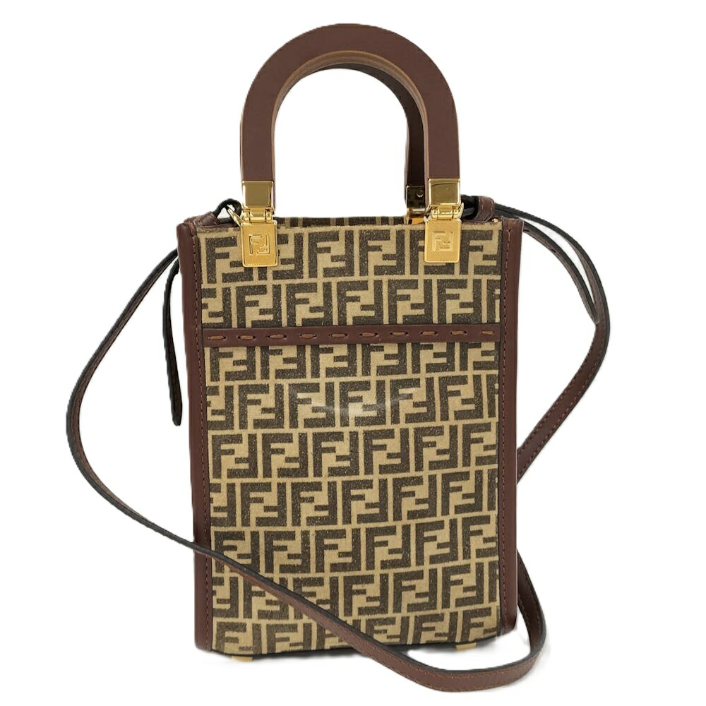 【中古】FENDI 2WAYハンドバック サンシャインショッパー ズッカ柄 帆布 なめし革 赤銅色 8BS051
