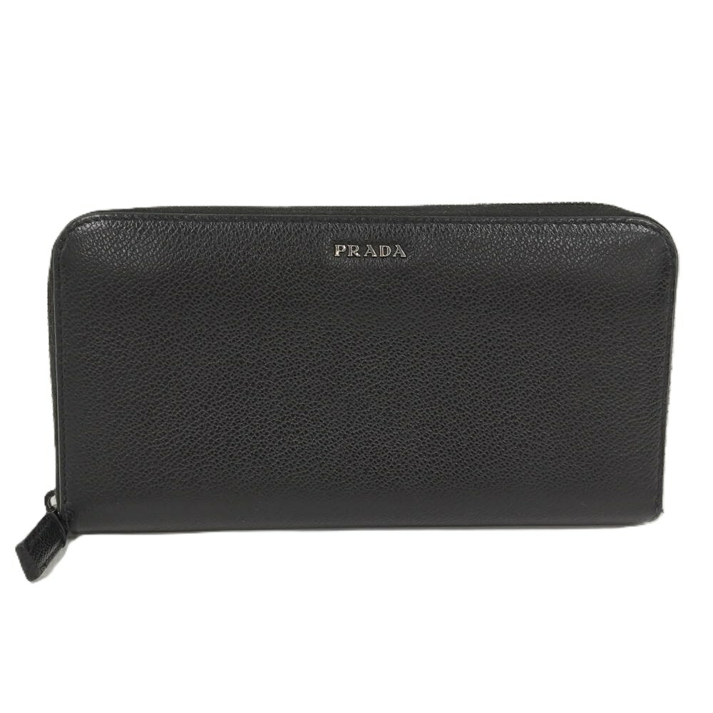 【中古】PRADA ラウンドジッパー長紙入れ なめし革 黒いこと 2ML317