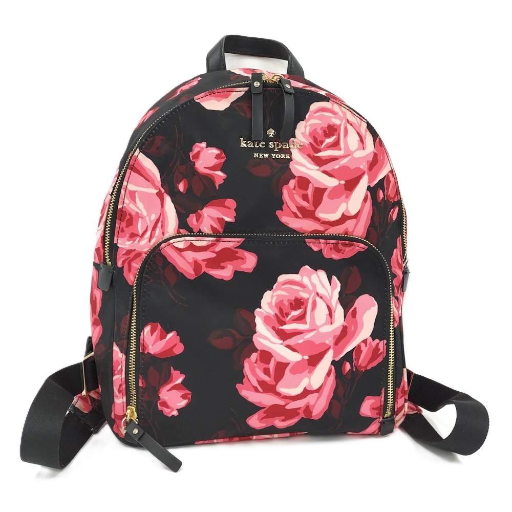 【中古】Kate Spade バックパック 花柄 バラ ナイロン ブラック