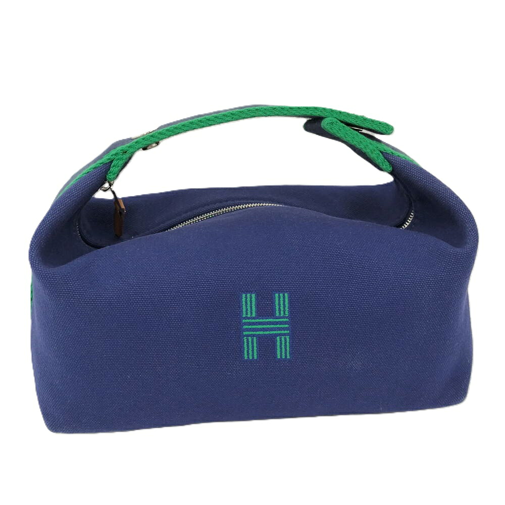 【中古】HERMES ブリッドアブラックPM ハンドバッグ ポーチ キャンバス マリン ネイビー系
