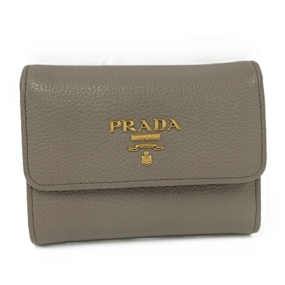 【中古】PRADA コンパクトウォレット 三つ折り紙入れ なめし革 グレージュ 1MH025