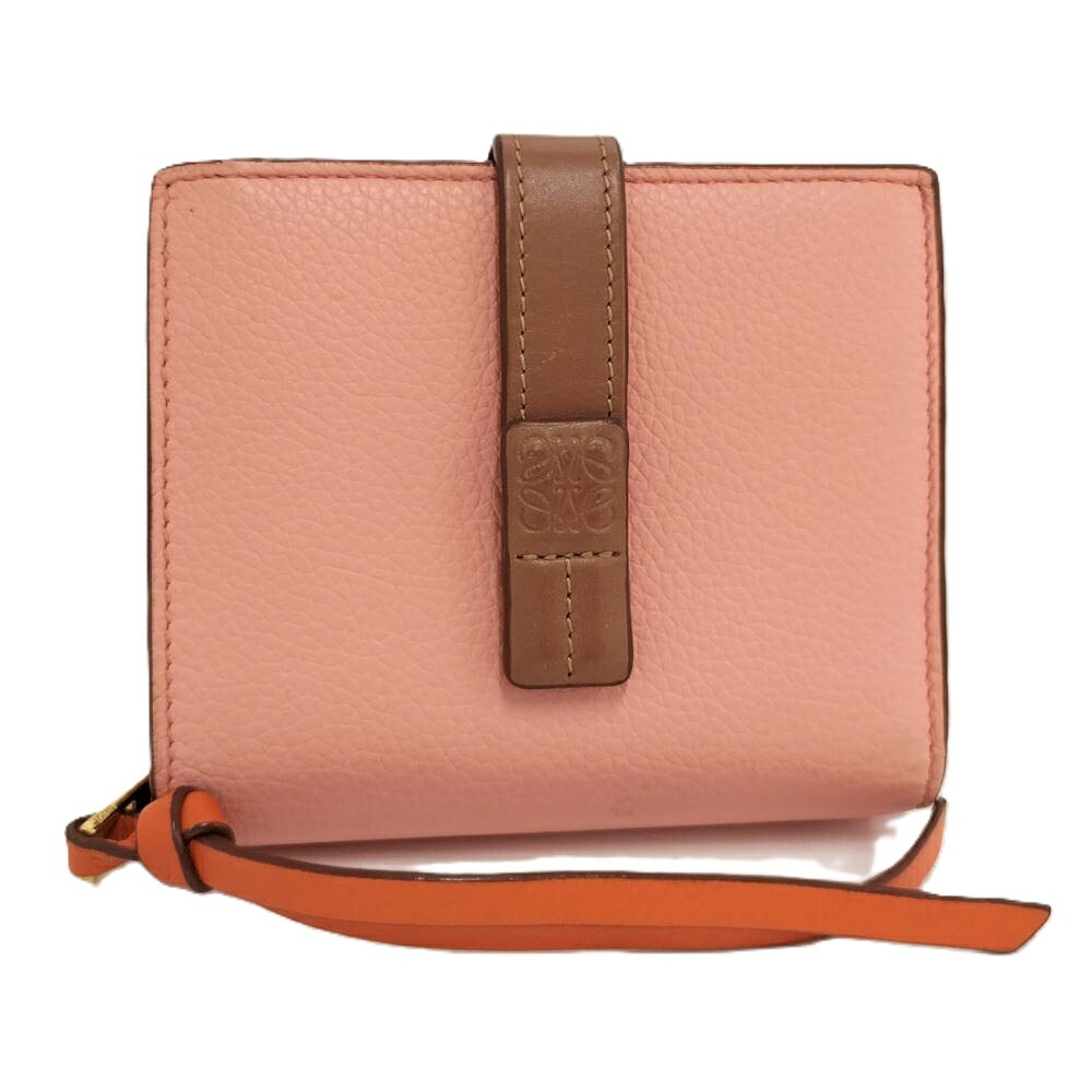 【中古】LOEWE コンパクト ジップ ウォレット アナグラム レザー ピンク オレンジ