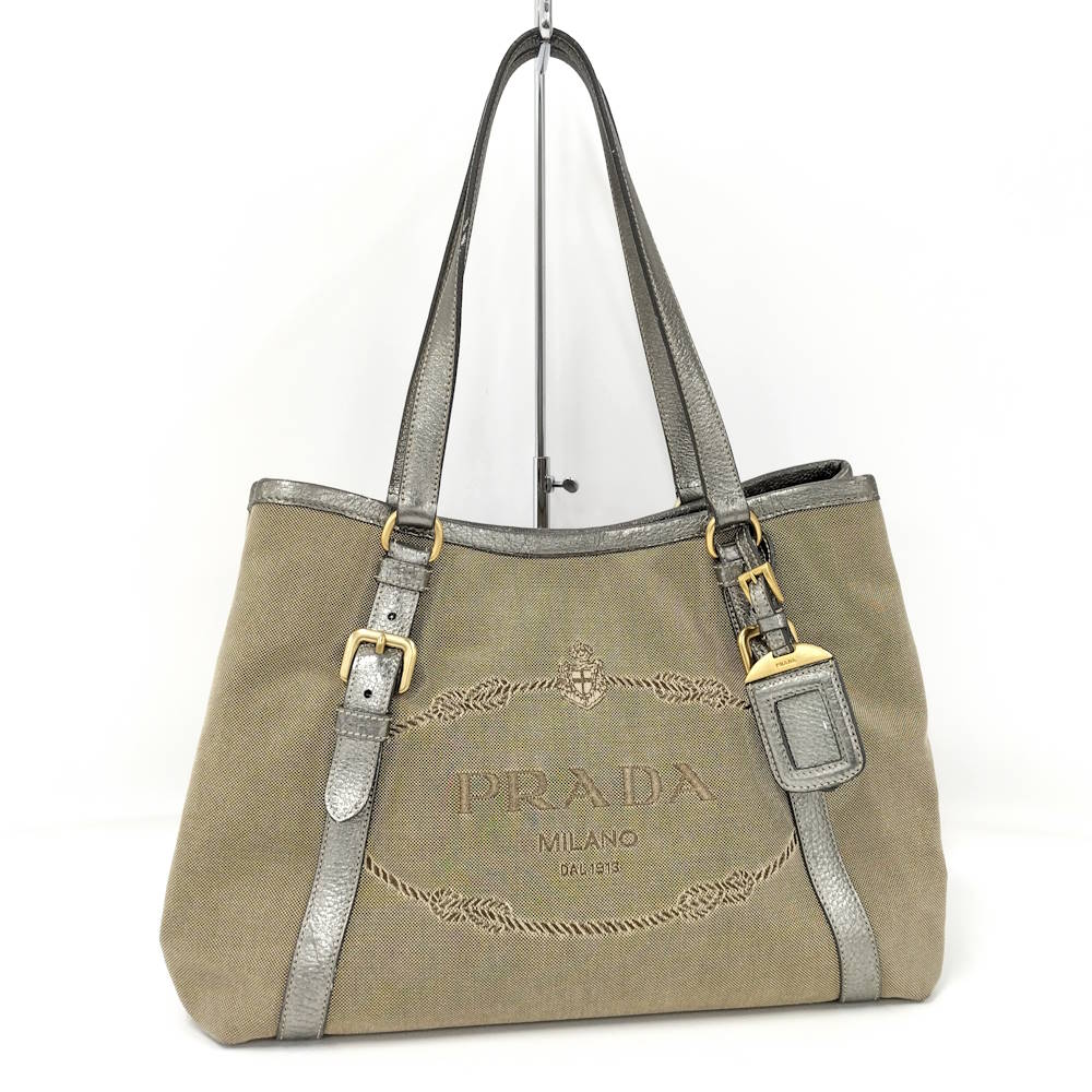 【中古】PRADA トートバッグ キャンバス レザー ブラウン シルバー|JJcollection