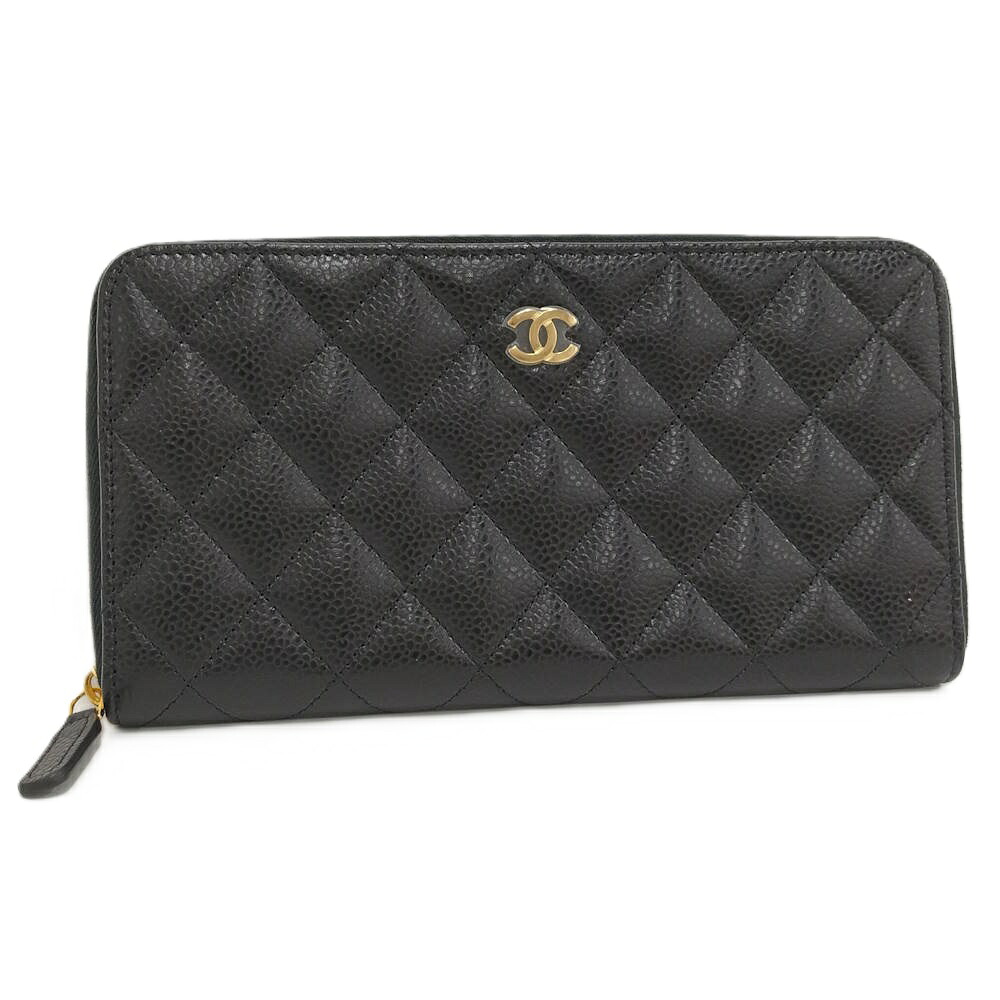 【中古】CHANEL ラウンドファスナー 長財布 キャビアスキン レザー ブラック AP0242｜JJcollection