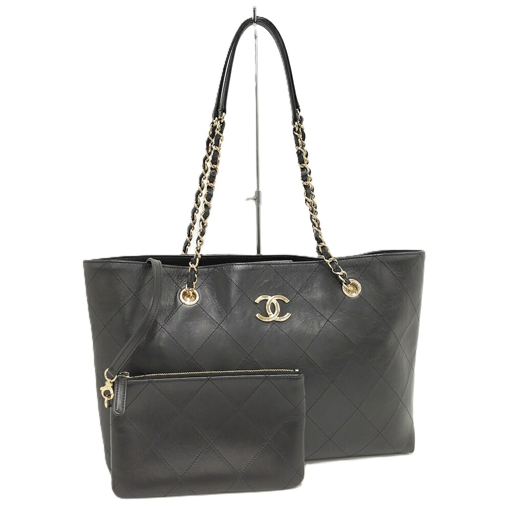 【中古】CHANEL チェーンショルダーバッグ カーフ ブラック ポーチ付き
