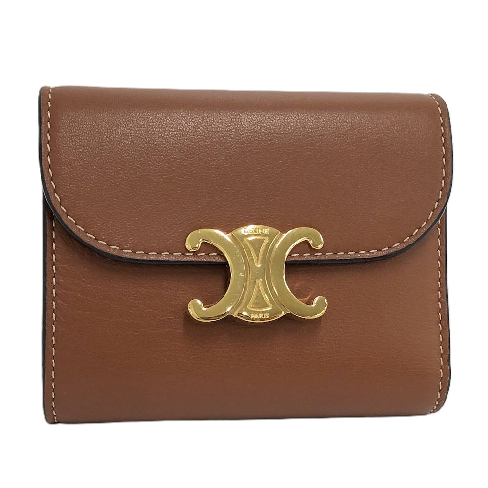 【中古】CELINE コンパクトウォレット スモール ウォレット トリオンフ なめし革 赤銅色 ゴールド金具