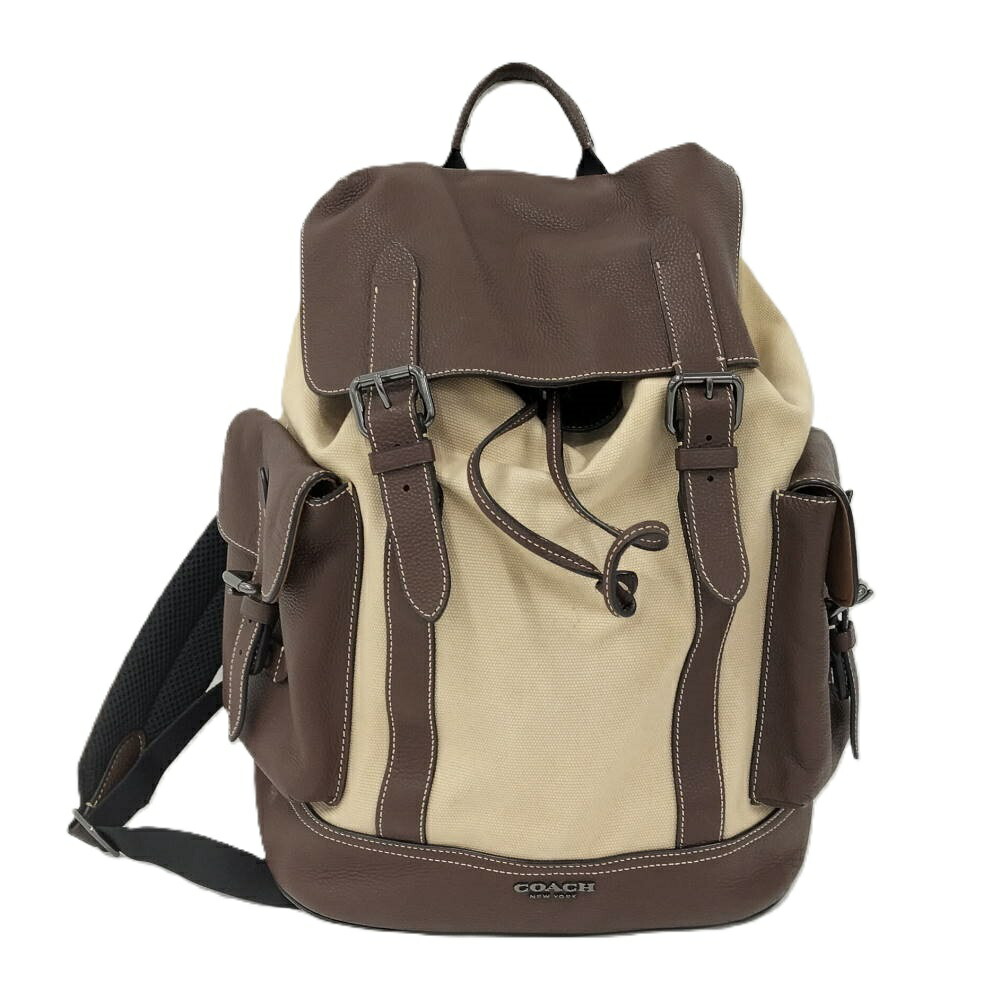 【中古】COACH ハドソン バックパック レザー キャンバス ブラウン