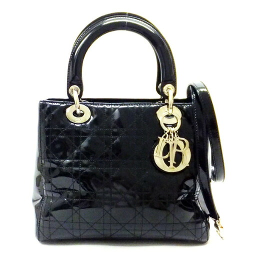 【中古】Christian Dior レディ ディオール カナージュ ハンドバッグ エナメル ブラック×シルバー金具 VRN44551NO