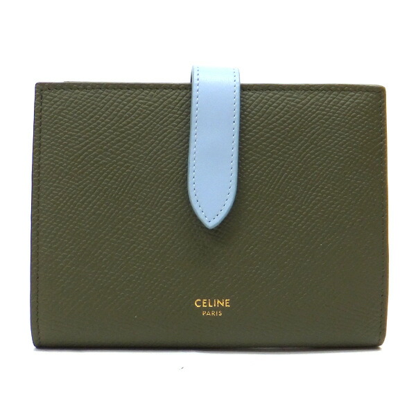 【中古】CELINE ミディアム・ストラップウォレット 財布 グレインドカーフスキン グリーン×ライトブルー 10B643BRU バイカラー