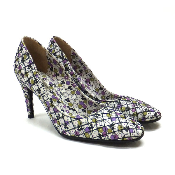 【中古】BOTTEGA VENETA パンプス レザー ホワイト×マルチカラー 花×チェック柄 表記36(23cm) ヒール8cm 19,014円
