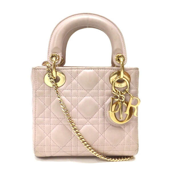 【中古】Christian Dior レディディオール・ミニ ハンドバッグ ラムスキン ピンク×シャンパンゴールド金具 M0505